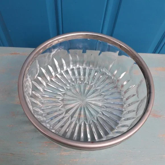 Cut Crystal Glass Bowl with Silver Plated Rim Vintage Serving Bowl - Picture 13 of 16